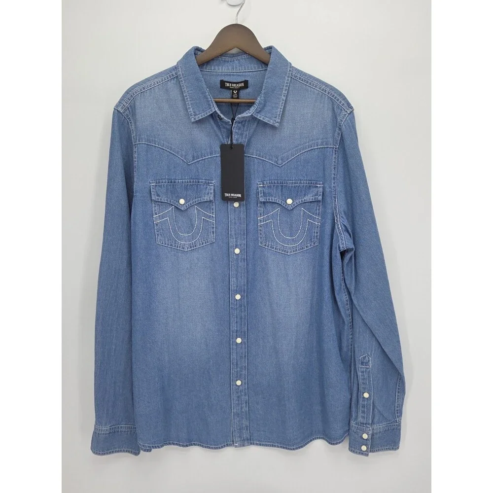 New True Religion Western Chambray Shirt Light Blue Wash Pearl Snap Size Large